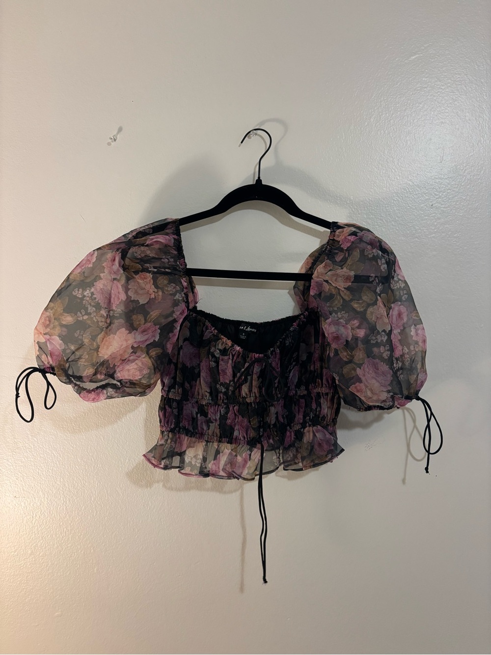 For Love & Lemons Black Sheer Floral Puff-Sleeve Crop Top